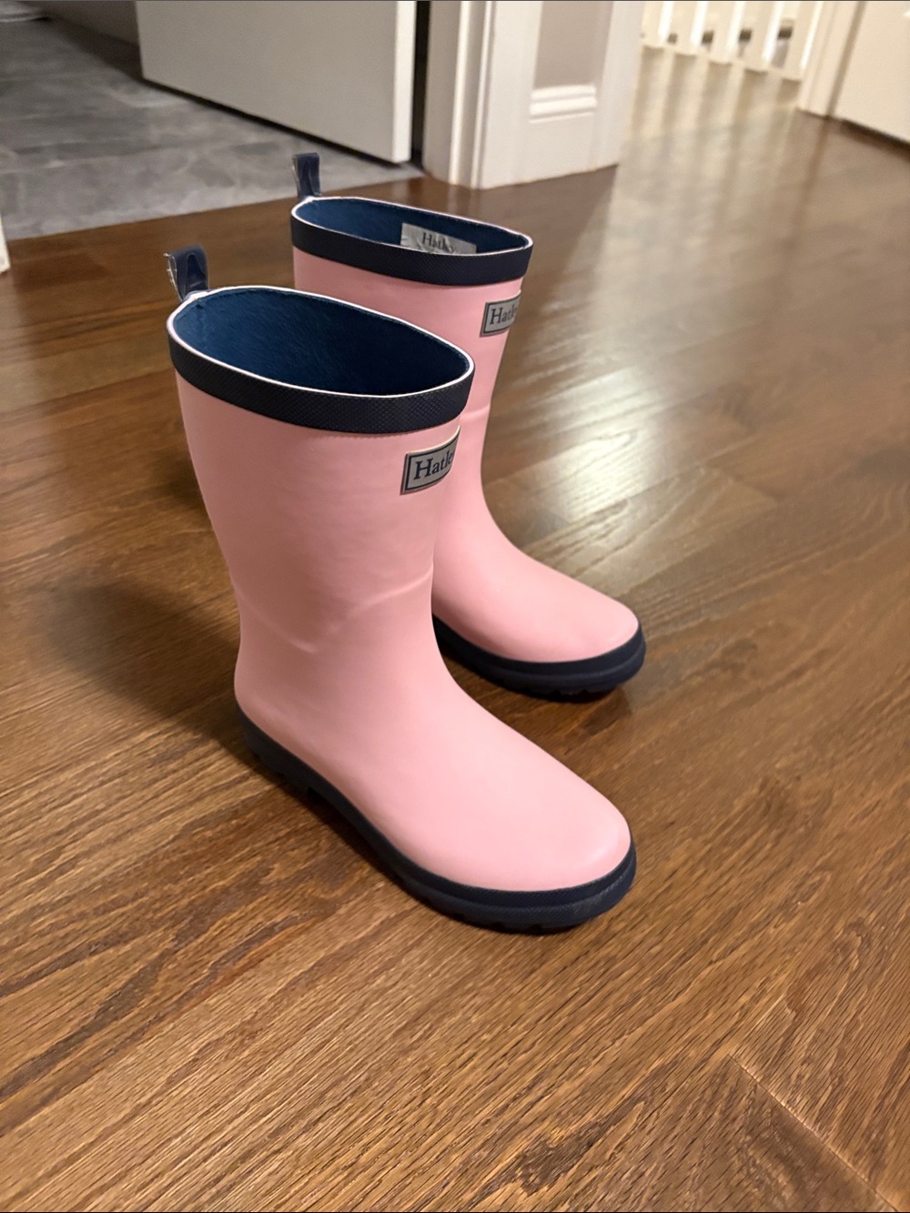 Hatley Pink Kids Rain Boots with Navy Trim
